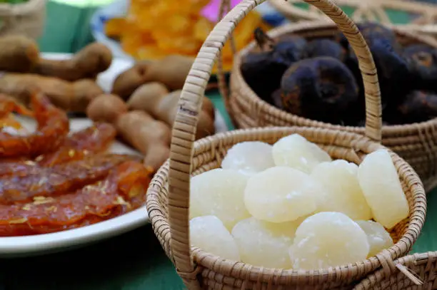Vietnamese traditional food for tet from vegetables, close up homemade sweet water chestnut jam in white in basket on bamboo background for tea time at spring seasonal