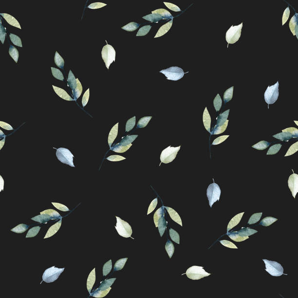istock Watercolor blue and grey leaves and branches seamless pattern, hand painted on a dark background 1196017469