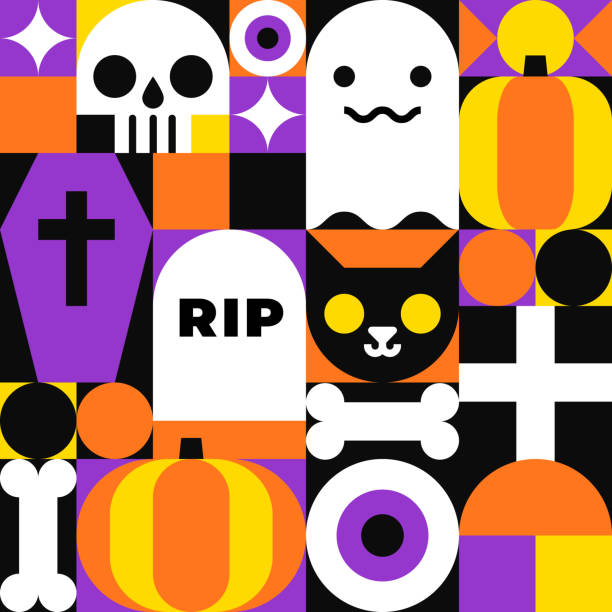 해피 할로윈 원활한 패턴입니다. 기하학적 스타일의 두개골, 유령, 검은 고양이, 뼈, 호박, 별 및 기타 유령 요소. - halloween invitation vector coffin stock illustrations