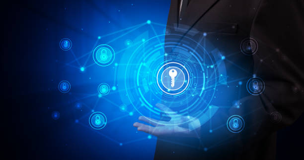 istock Young person holding hologram security symbols 1196020865