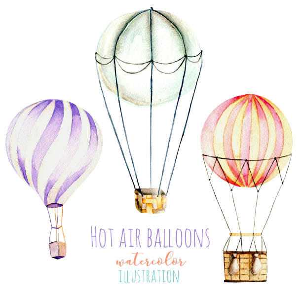 illustrazioni stock, clip art, cartoni animati e icone di tendenza di illustrazione con mongolfiere ad acquerello, disegnate a mano isolate su sfondo bianco - hot air balloon party carnival balloon