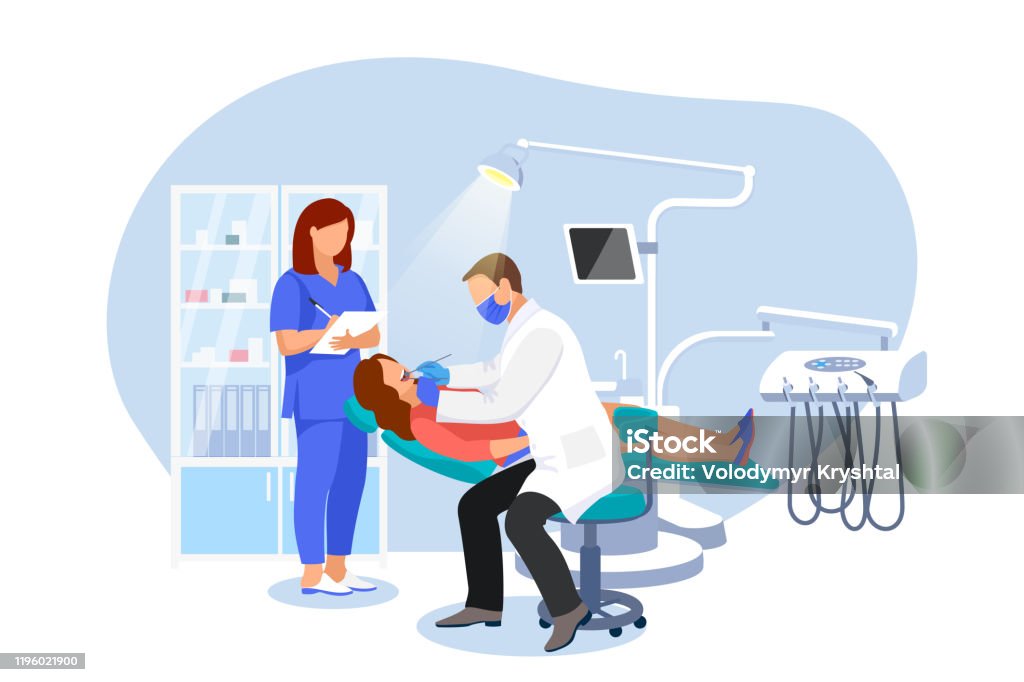 Ilustración de El Dentista Examina Al Paciente En La Silla Del Dentista La Mujer Visita Ortodoncista En La Clínica Dental Moderna Ilustración Plana Vectorial y más Vectores Libres de Derechos de Dentista - Ilustración de El Dentista Examina Al Paciente En La Silla Del Dentista La Mujer Visita Ortodoncista En La Clínica Dental Moderna Ilustración Plana Vectorial y más Vectores Libres de Derechos de Dentista -