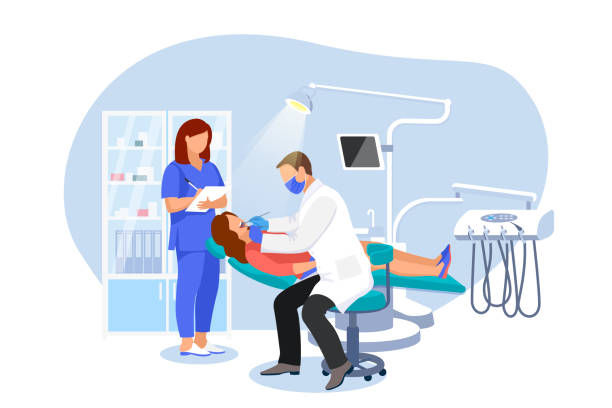 ilustrações, clipart, desenhos animados e ícones de o dentista examina o paciente na cadeira do dentista. a mulher visita o ortodontist na clínica dental moderna. ilustração plana do vetor - dentist patient healthcare and medicine vector