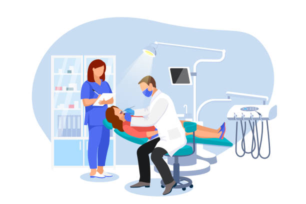 Dentist examines patient in dentist chair. Woman visits orthodontist at modern dental clinic. Vector flat illustration Dentist doctor and nurse or examines a patient in dentist chair. Woman visits orthodontist at modern office of dental clinic. Vector flat cartoon illustration. Stomatology medical concept. orthodontist stock illustrations