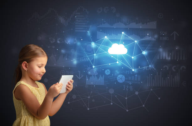 istock Girl holding tablet with cloud technology concept 1196022109