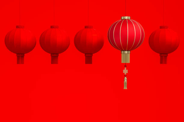 istock Outstanding Chinese Lanterns floating above red lanterns on red background room studio 3d rendering. 3d illustration greeting for Happiness, Prosperity & Longevity. Chinese new year festival concept. 1196022776