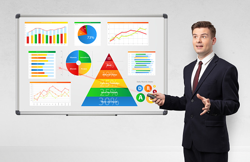 Handsome businessman presenting health reports on white board with laser pointer