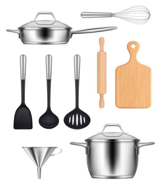 istock Kitchen utensils. Pans steel pot griddles knives items for cooking food vector realistic images set 1196024333