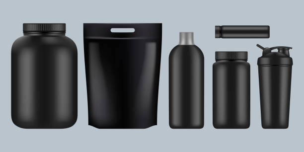 Protein packages. Fitness sport healthy food drink supplement whey bcaa nutrition containers plastic bottles for gym vector template Protein packages. Fitness sport healthy food drink supplement whey bcaa nutrition containers plastic bottles for gym vector template. Sport product container, protein and supplement for power protein powder bottle stock illustrations