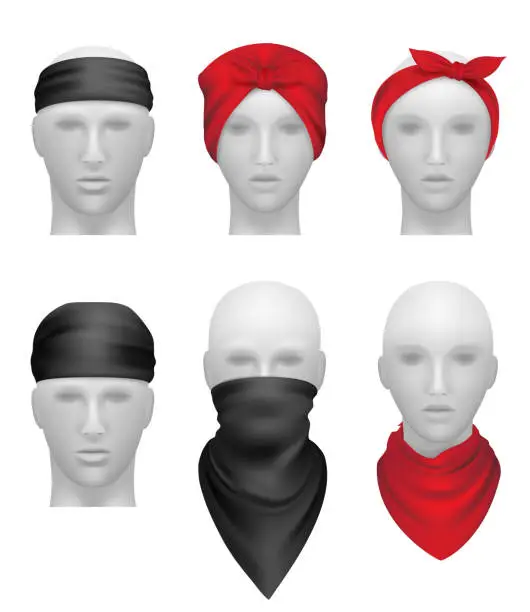 Vector illustration of Bandanas set. Stylish clothes for bikers and gangsters mannequin head vector realistic