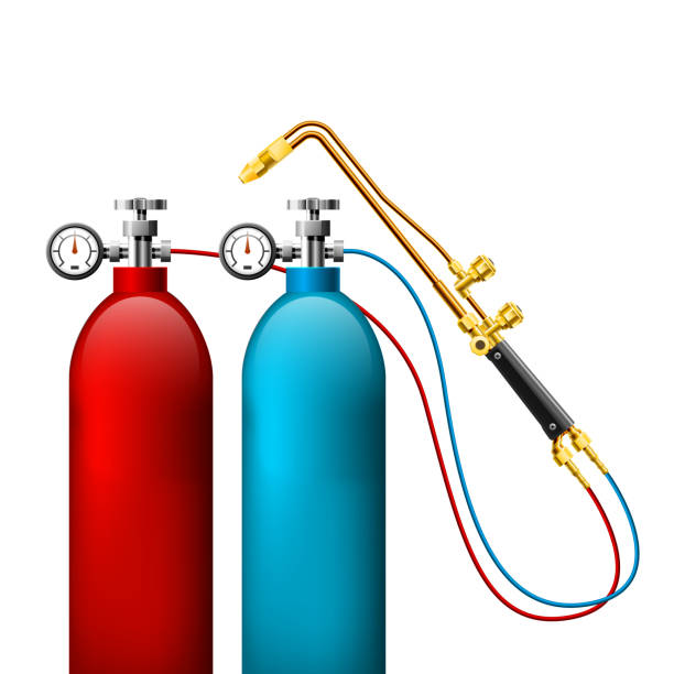 Welding gas bottles and oxy acetylene cutting torch, autogenous welding - gas tank and burner, welding gear Welding gas bottles and oxy acetylene cutting torch, autogenous welding - gas tank and burner, welding gear oxyacetylene stock illustrations