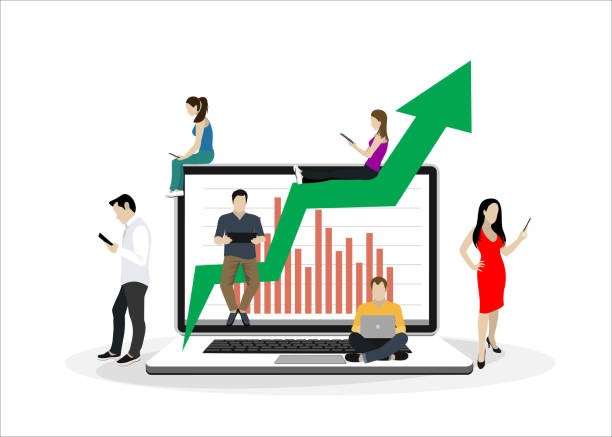 istock Business graph growth concept vector illustration of professional people working as team and sitting on growing chart. Flat people using laptops to develop business. Flat guys, women on big notebook 1196033069