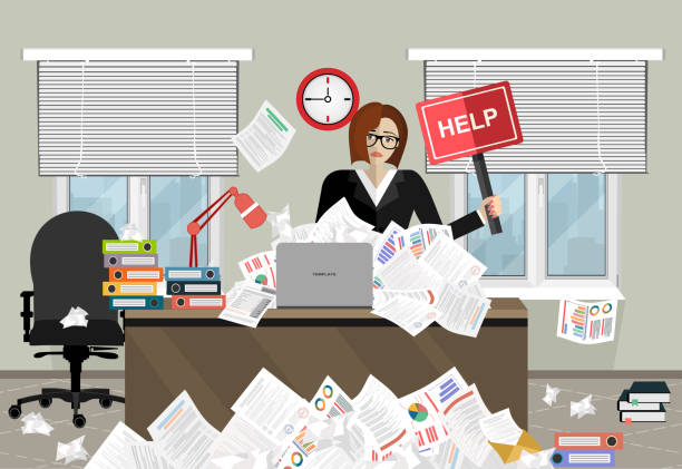 Business woman needs help under a lot of documents in office at the desk and holding a HELP placard. Business woman needs help under a lot of documents in office at the desk and holding a HELP placard. women under 20 stock illustrations