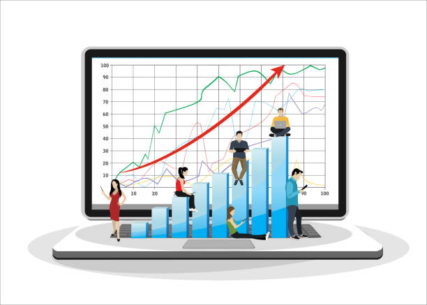 istock Business graph growth concept vector illustration of professional people working as team and sitting on growing chart. Flat people using laptops to develop business. Flat guys, women on big notebook 1196033729