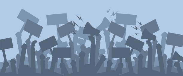 istock Silhouette crowd of people protesters. . Protest, revolution, conflict. Flat vector illustration. 1196034343