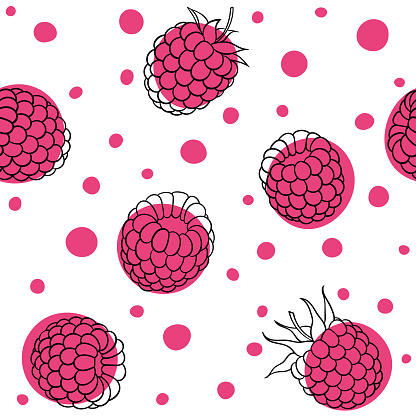 Beautiful seamless pattern cartoon black and white outline raspberry and pink dots. design for holiday greeting card and invitation of seasonal summer holidays, beach parties, tourism and travel.
