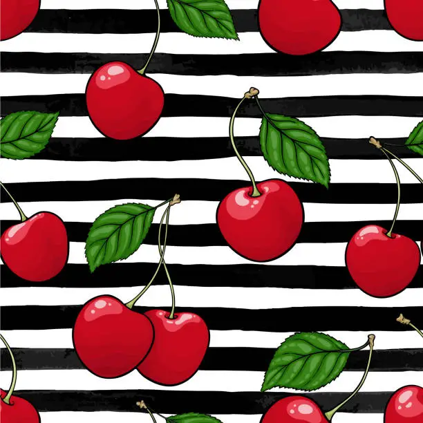 Vector illustration of seamless pattern red cherry with leaf on black and white watercolor stripes. design holiday greeting card and invitation of seasonal summer holidays, beach parties, tourism and travel