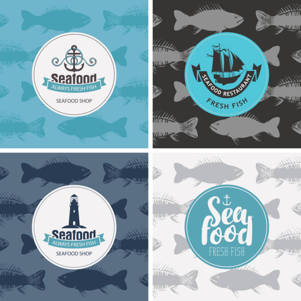 Set of vector banners for seafood shop and restaurant Set of vector banners for seafood shop and restaurant with emblems on the background of seamless pattern with fishes in retro style. fish salmon silhouette fishing stock illustrations