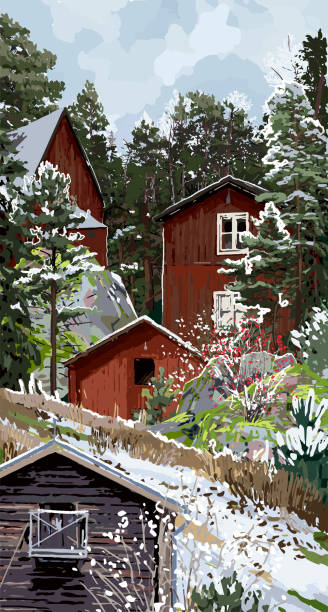 bildbanksillustrationer, clip art samt tecknat material och ikoner med skandinaviskt vinterlandskap med traditionella trähus omgivna av klippor, barrträd och buskar - skog sverige
