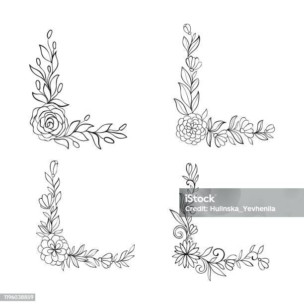 Set Of Black And White Hand Drawn Corner Floral Borders Design For