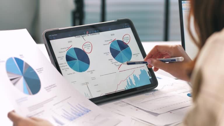 Close-up Businesswoman using Digital tablet analyzing Business Data