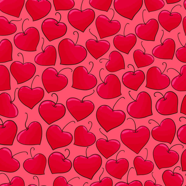 心形圖案。情人節浪漫印花。粉紅色背景上的櫻桃心形。可愛的愛情符號紋理。手繪節日壁紙，問候，邀請範本。粉紅色的，紅色的心。 - cherry valentine 幅插畫檔、美工圖案、卡通及圖標