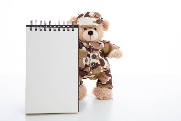 istock Cute teddy bear in soldier uniform and a blank pad isolated against white background 1196042042