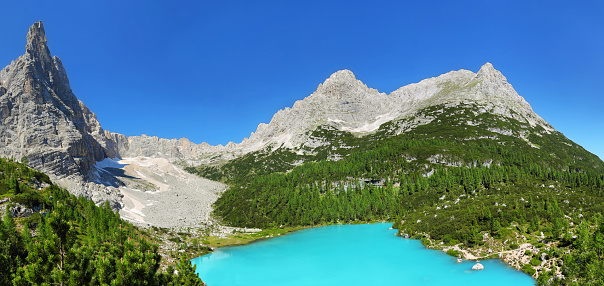 Turquoise Sorapis Lake with Dolomite Mountains, Italy alps, Europe