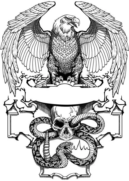Vector illustration of Eagle, snake and skull. Black and white design template