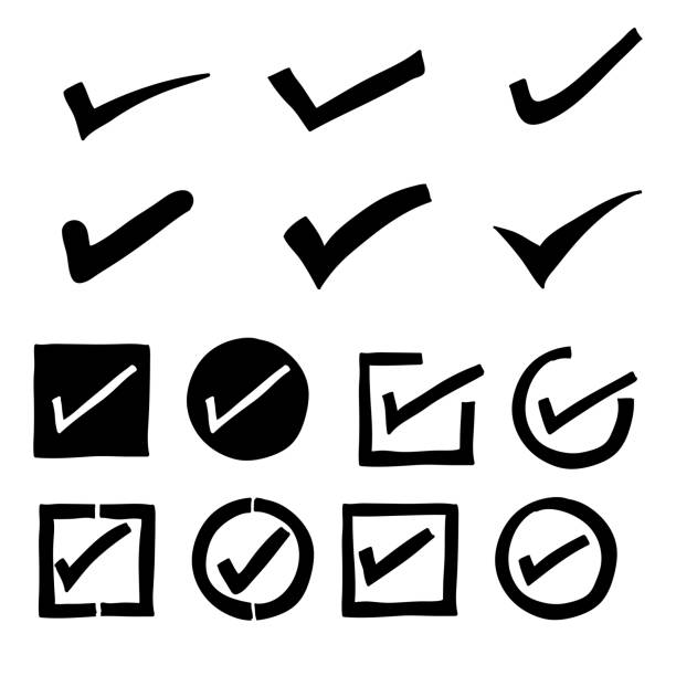 kolekcja ręcznie rysowanych znaków znaczników wyboru izolowanych na białym tle w stylu doodle - check mark approved choice brush stroke stock illustrations