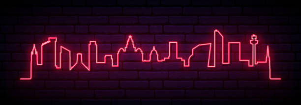 리버풀 도시의 붉은 네온 스카이 라인입니다. 밝은 리버풀 긴 배너입니다. 벡터 그림입니다. - liverpool stock illustrations
