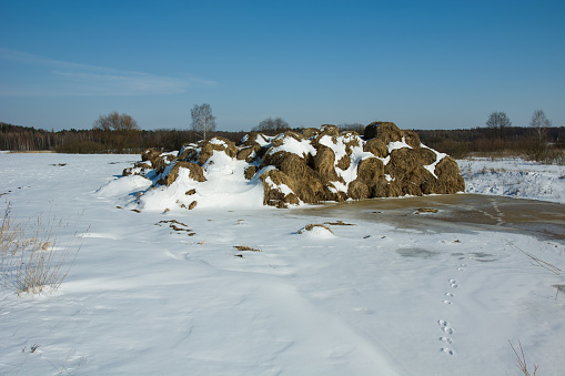 Hay bales covered with snow, sunny winter day