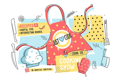 Cooking show and cook time poster vector illustration. Template with kitchen apron, hat, glove and kitchenware flat style concept. Recipes, useful tips, interesting dishes and special edition design