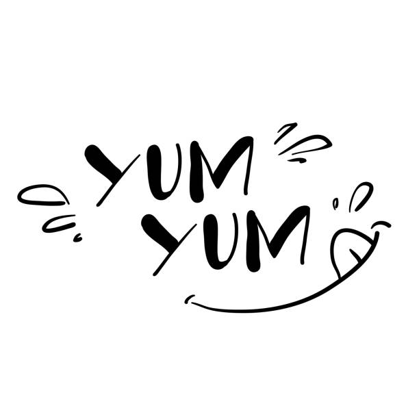 ilustrações, clipart, desenhos animados e ícones de mão que escreve o símbolo da ilustração para o gosto delicioso do alimento com estilo dos desenhos animados do doodle - foodie