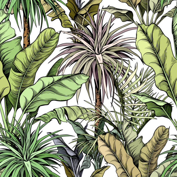kuvapankkikuvitukset aiheesta saumaton kuvio vihreillä trooppisilla puilla. - giant dracaena