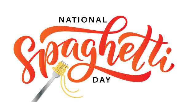Spaghetti day. Hand lettering design for Spaghetti day. Vector illustration Spaghetti day. Hand lettering design for Spaghetti day. Vector illustration Hand drawn text for National holiday. Script. Calligraphic design for print card, banner, poster. spaghetti stock illustrations