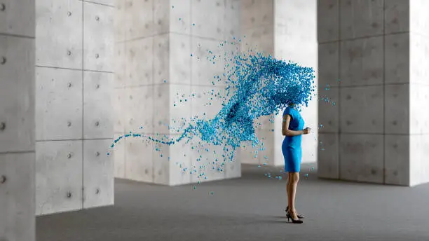 Female figure surrounded by blue particles, 3D render