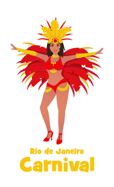 브라질 삼바 댄서 일러스트. 흰색 배경에서 격리된 스톡 벡터입니다. 리우데자네이루 축제에서 카니발 의상을 입은 아름다운 여성. - rio de janeiro carnival samba dancing dancing stock illustrations