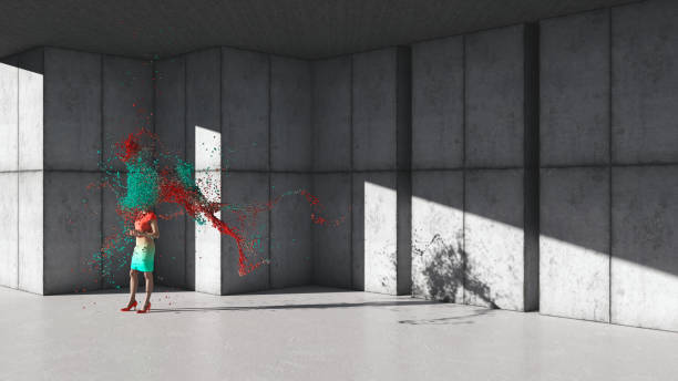 Female figure emitting particles in a sunlit room, 3D render