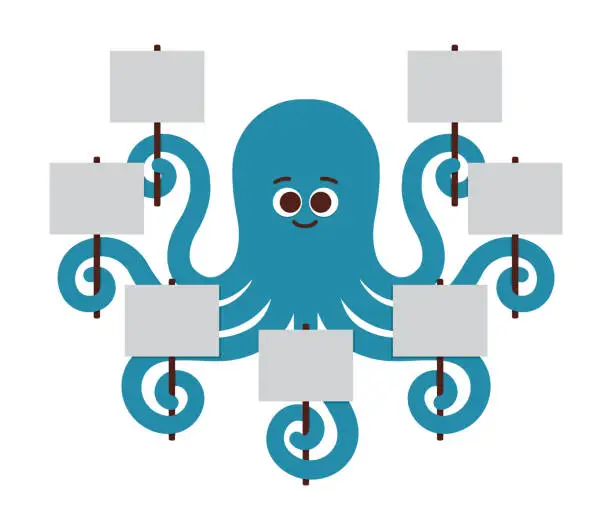 Vector illustration of Octopus Holding Blank Mockup Banner Sign Copy Space