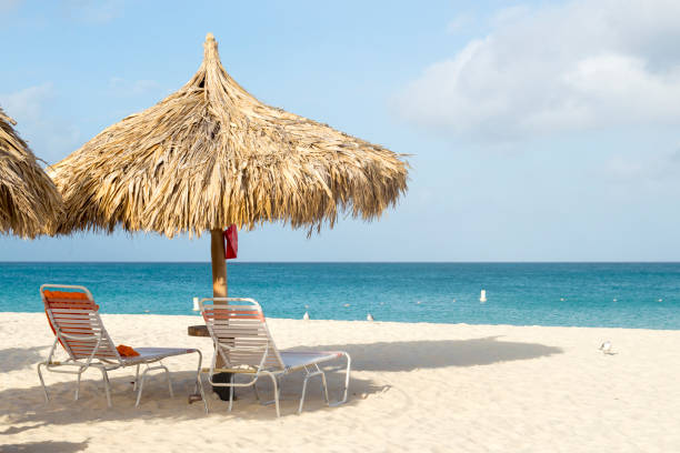 istock Thatched Palapa and Lounge Chairs on White Sand Beach Paradise 1196060460