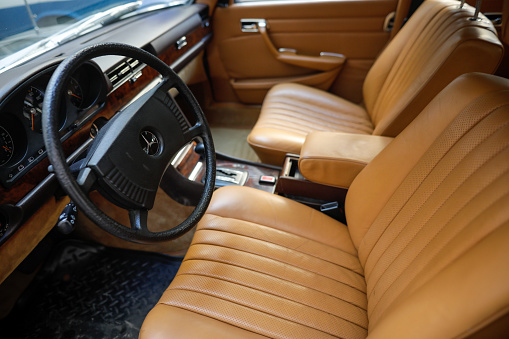 Bucharest, Romania - December 22, 2019: Interior of a Mercedes Benz 450 Sel from 1978.