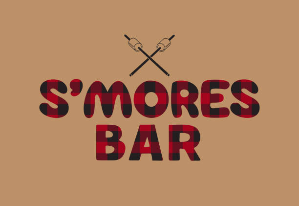 Smores bar buffalo plaid letters flat sign vector Smores bar flat vector typography poster. Buffalo plaid letter marshmallow screw sign. Cold winter season hot cocoa bar menu design element. Marshmallow roast cartoon fun treat illustration background buffalo check stock illustrations