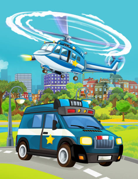 ilustrações, clipart, desenhos animados e ícones de cena dos desenhos animados com o veículo de carro de polícia na estrada e no vôo do helicóptero - police helicopter
