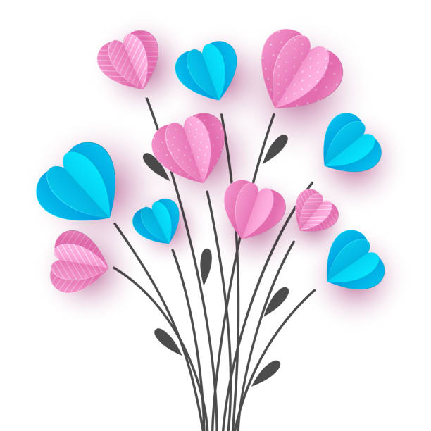 bouquet mit zweig und rosa und blauen herzen. - flower valentines day valentine card backgrounds stock-grafiken, -clipart, -cartoons und -symbole