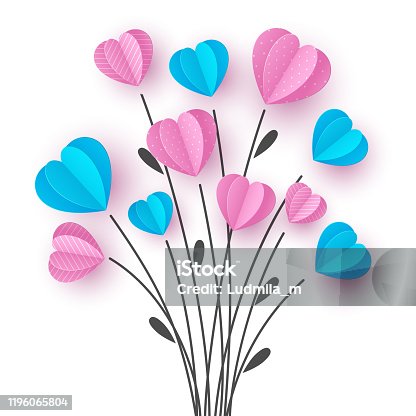 istock Bouquet with branch and pink and blue hearts. 1196065804