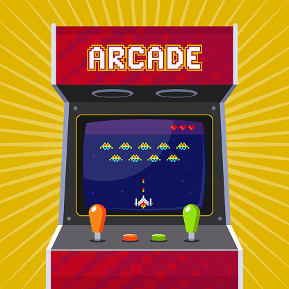 Retro arcade slot machine with pixel game. flat vector illustration.