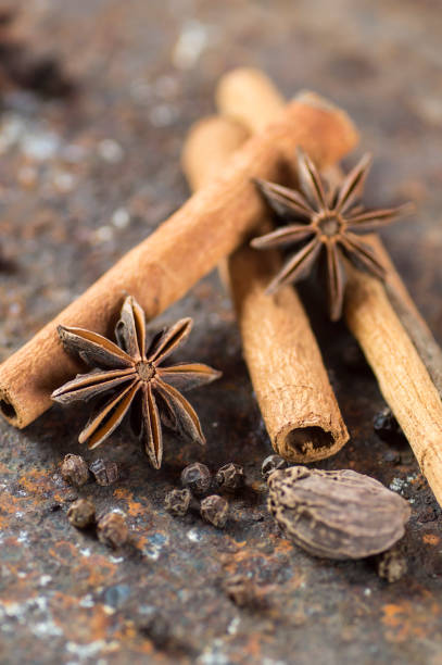 palos de canela, estrellas de anís, cardamomo y granos de pimienta negra sobre fondo texturizado - cardamom spice cinnamon bark anise star fotografías e imágenes de stock