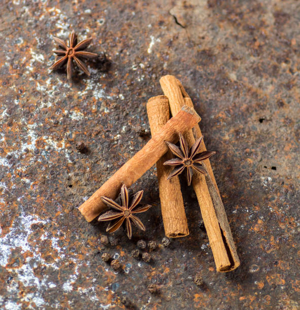 palos de canela, estrellas de anís y granos de pimienta negra sobre fondo texturizado - cardamom spice cinnamon bark anise star fotografías e imágenes de stock