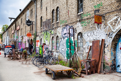 Copenhagen, Denmark - 12 September 2019: Christiania district cafes and art galleries